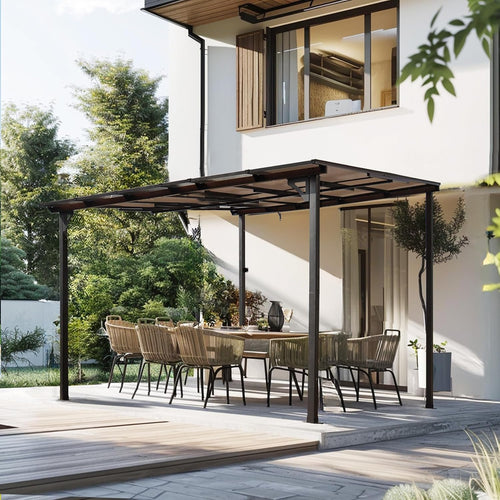 10' x 10' Outdoor Pergola Gazebo, Wall-Mounted Lean to Metal Awning Gazebo with Roof, Large Heavy Duty Garage Top Tent for Patio, Decks, Backyard