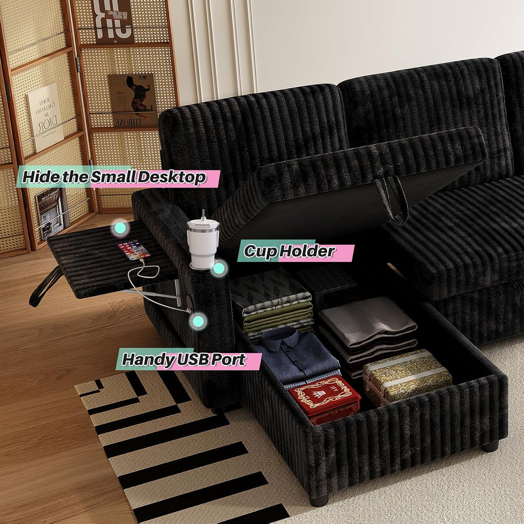 Sleeper Sectional Sofa, 110' Modern U Shaped Couch with Pull Out Bed, Convertible Corduroy Cloud Sofa with Double Storage Chaise, USB, Small Desktop, Comfy Modular Couch for Living Room, Black