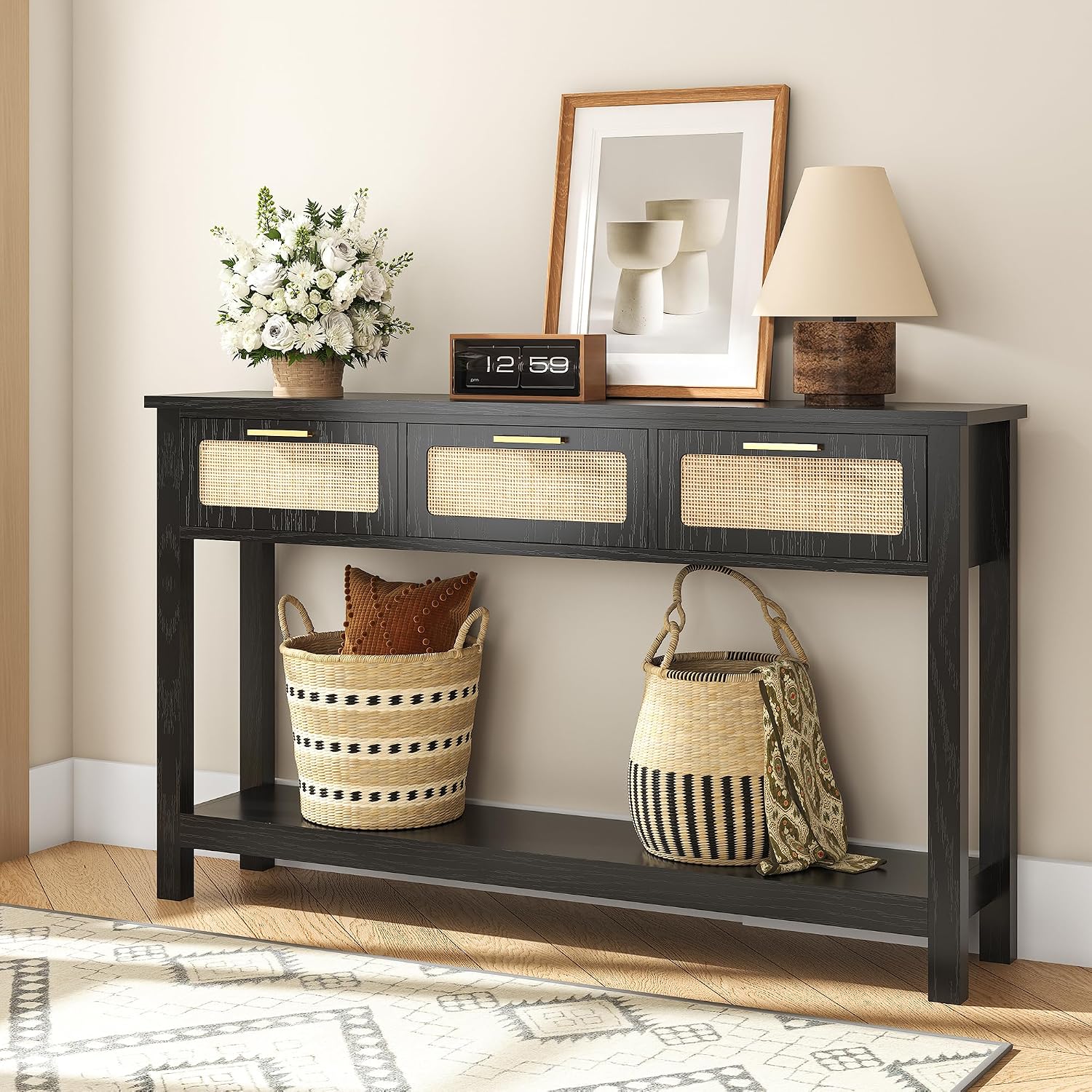 ELYKEN 51.2' Black Console Tables for Entryway, Rattan Entryway Table with 3 Drawer & Shelf, Narrow Long Sofa Table for Behind Couch Hallway, Entrance Entry Living Room