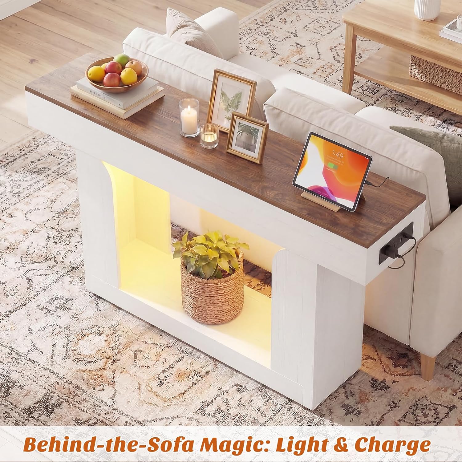 Homieasy Console Table, 47' Entryway Table with LED Lights & Charging Station, Farmhouse Wooden Sofa Table Behind Couch, Narrow Hallway Table for Living Room, Foyer, Entry, Antique White & Brown