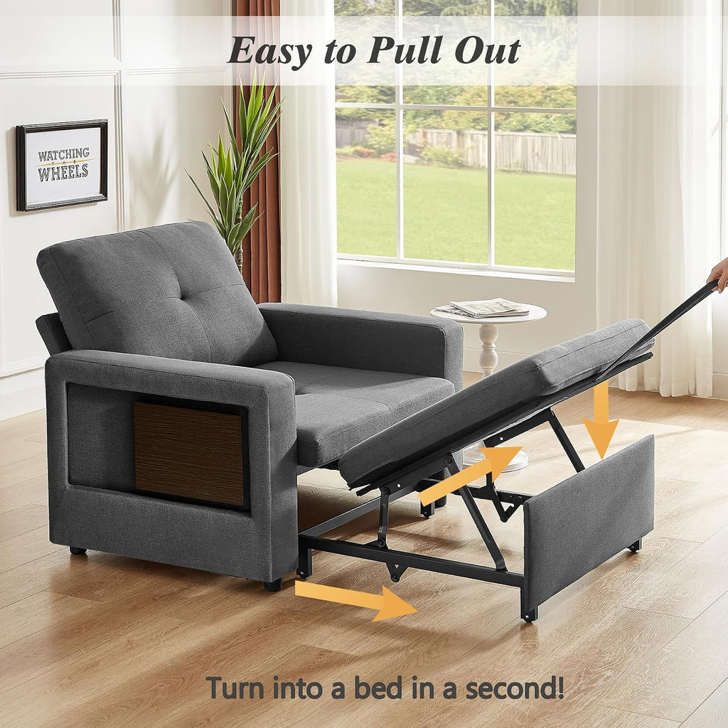 WEUP 42.5' Sleeper Sofa Chair Bed, 3-in-1 Convertible Sleeper Chair with Pull Out Bed, Adjustable Reclining Backrest, Side Pockets, Cup Holder, USB Ports & Wing Table, Premium Dark Grey