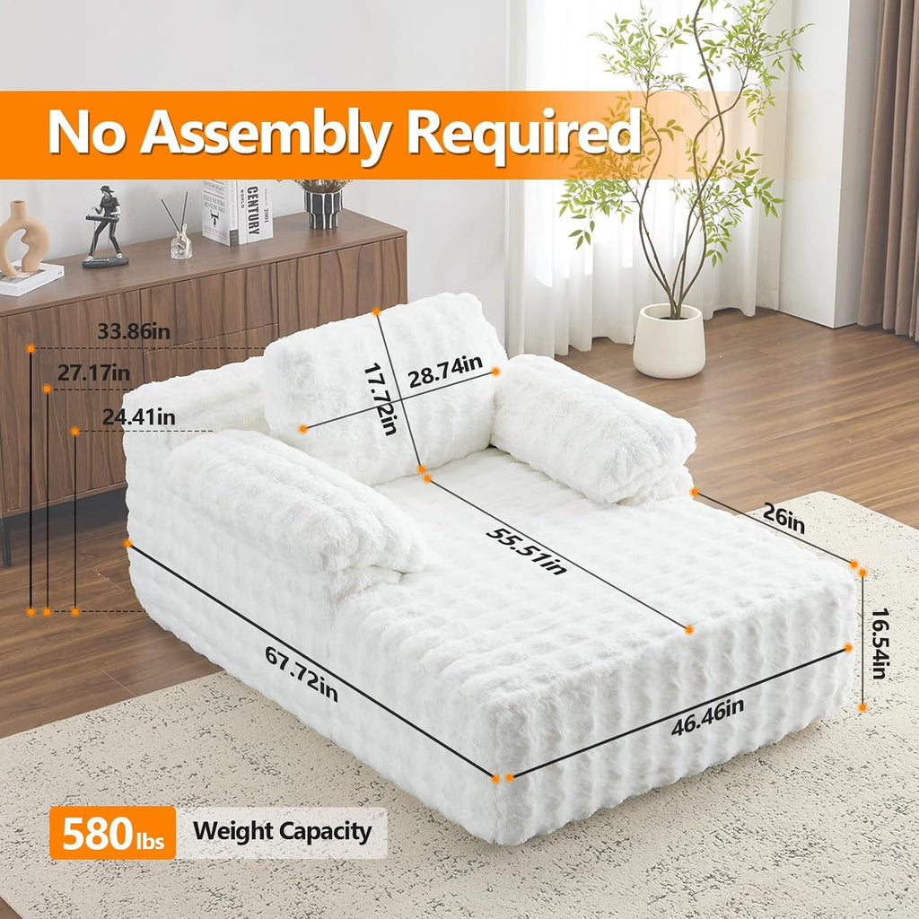 VINGLI Chaise Lounge Chair Indoor, White Boneless Couch Oversized Reading Chair Upholstered Bubble Fleece Cloud Couch Sofa Recliner Bed Comfy Sleeper Couches for Living Room, Movie Room, Bedroom
