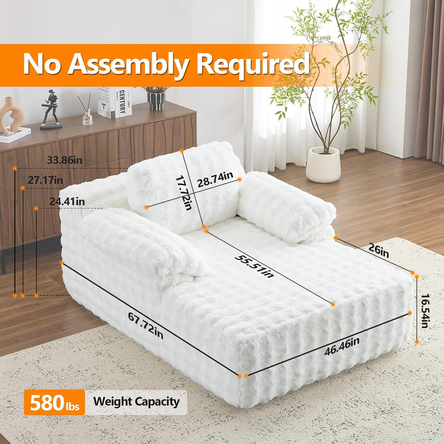 VINGLI Chaise Lounge Chair Indoor, White Boneless Couch Oversized Reading Chair Upholstered Bubble Fleece Cloud Couch Sofa Recliner Bed Comfy Sleeper Couches for Living Room, Movie Room, Bedroom