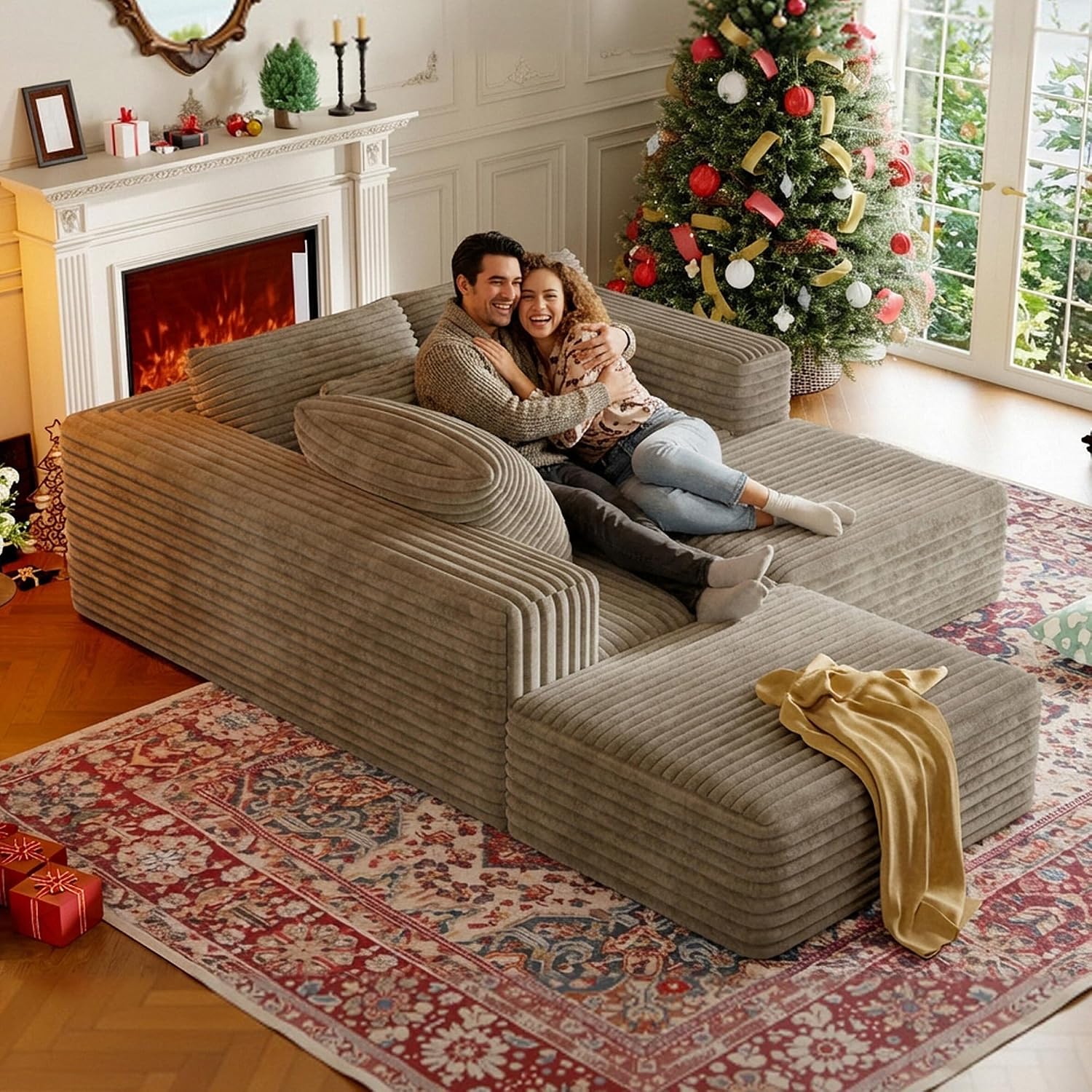 CHORRO107''Sectional Cloud Couch for Livingroom,Modular Corduroy Boneless Couch, U-Shaped Sofa with Chaise and Pillows,4-Deep Seat Sectional Sofa with 2 Ottoman,No Assembly(Camel)