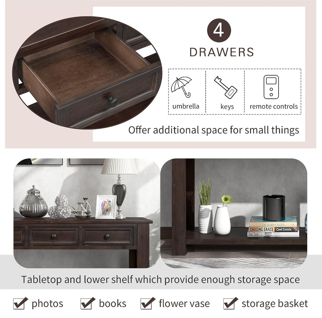 GDFStudio Farmhouse Console Table with 4 Drawer 63' Long Rustic Entryway Table with Open Storage Shelves Vintage Metal Handle Narrow Foyer Sofa Tables for Living Room Entryway Hallway, Espresso Brown