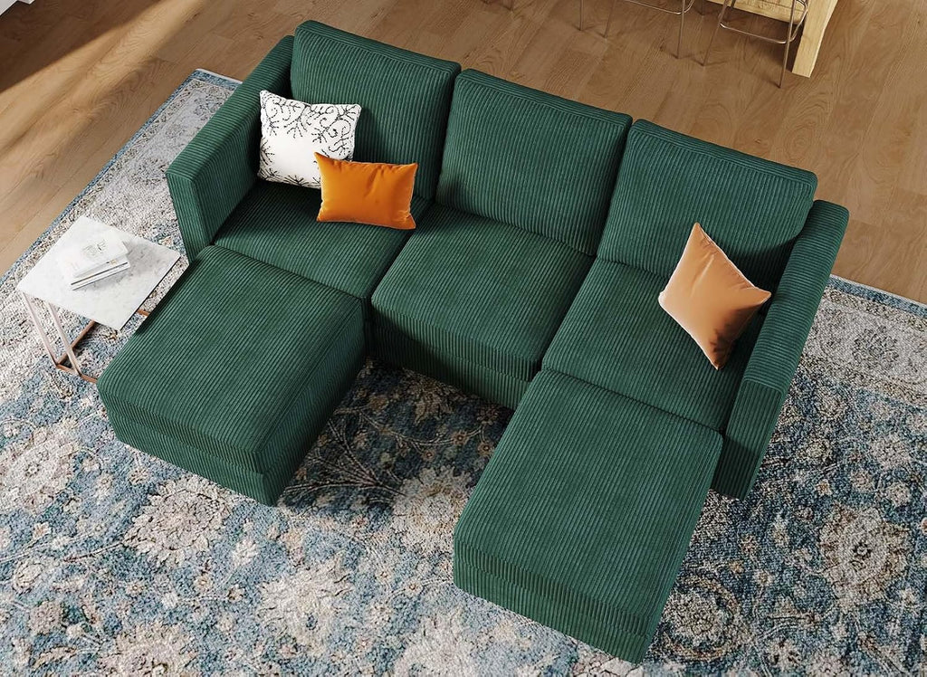 Belffin Modular Sectional Sleeper Sofa with Storage Ottoman, Corduroy Luxury Sectional Sofa with Chaise, Convertible Modern Sectional for Living Room, Green