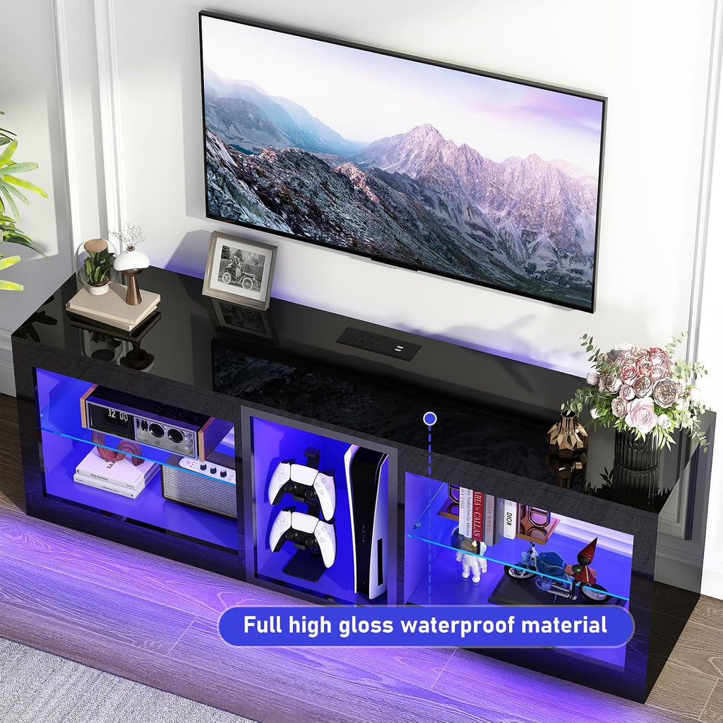 chartustriable LED TV Stands W/Power Outlet for 60 65 Inch TV,55' Modern Entertainment Center W/7000-Colors Light for P S 5,High Gloss TV Console w/Adjustable Shelves for Living Room Gameroom(Black)