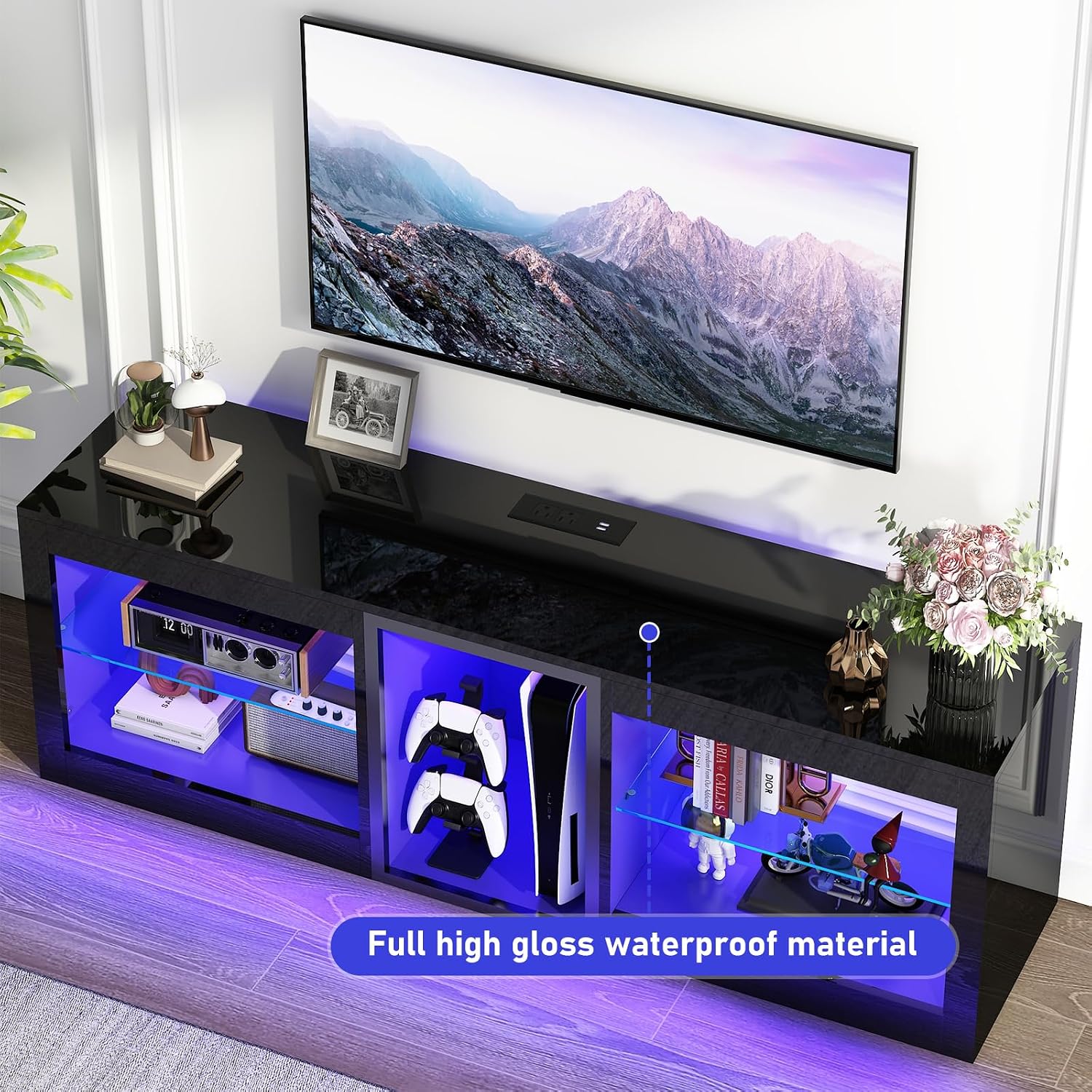chartustriable LED TV Stands W/Power Outlet for 60 65 Inch TV,55' Modern Entertainment Center W/7000-Colors Light for P S 5,High Gloss TV Console w/Adjustable Shelves for Living Room Gameroom(Black)