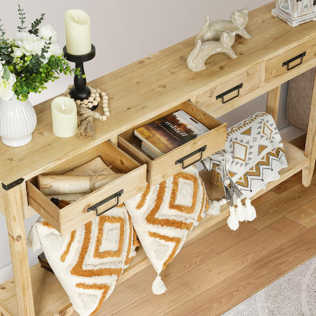 RUSTOWN Farmhouse Console Table with 4 Drawer, 60' Long Rustic Entryway Table with Open Storage Shelves and Handmade Metal Handle, Narrow Foyer Sofa Table for Living Room, Entryway, Hallway(Natural)