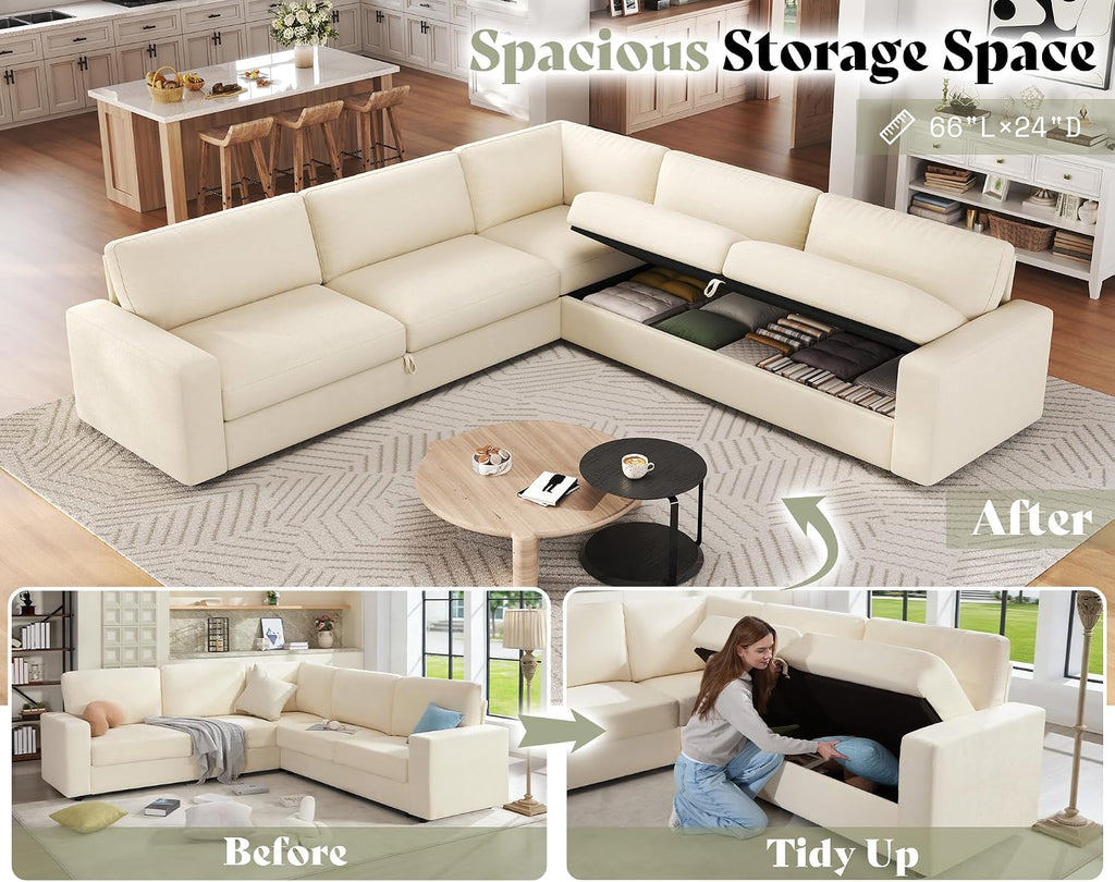 AMERLIFE 106' Oversized Sofa Bed, Sectional Sleeper Sofa with Pull Out Bed, 3 in 1 Convertible Sofa Bed, L Shaped Couch with Storage, High Resilience Mattress, Chenille Beige