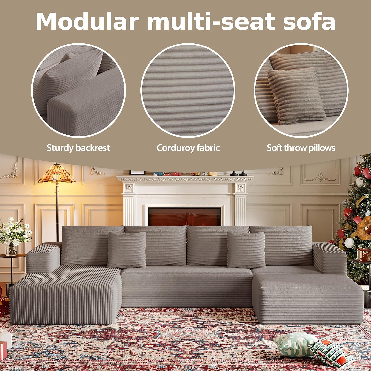 CHORRO134.6''Sectional Boneless Couch for Livingroom,Modular Corduroy Cloud Couch, U-Shaped Sofa with Chaise and Pillows,4-Deep Seat Sectional Sofa with 1 Ottoman,(Camel,Left Chaise)