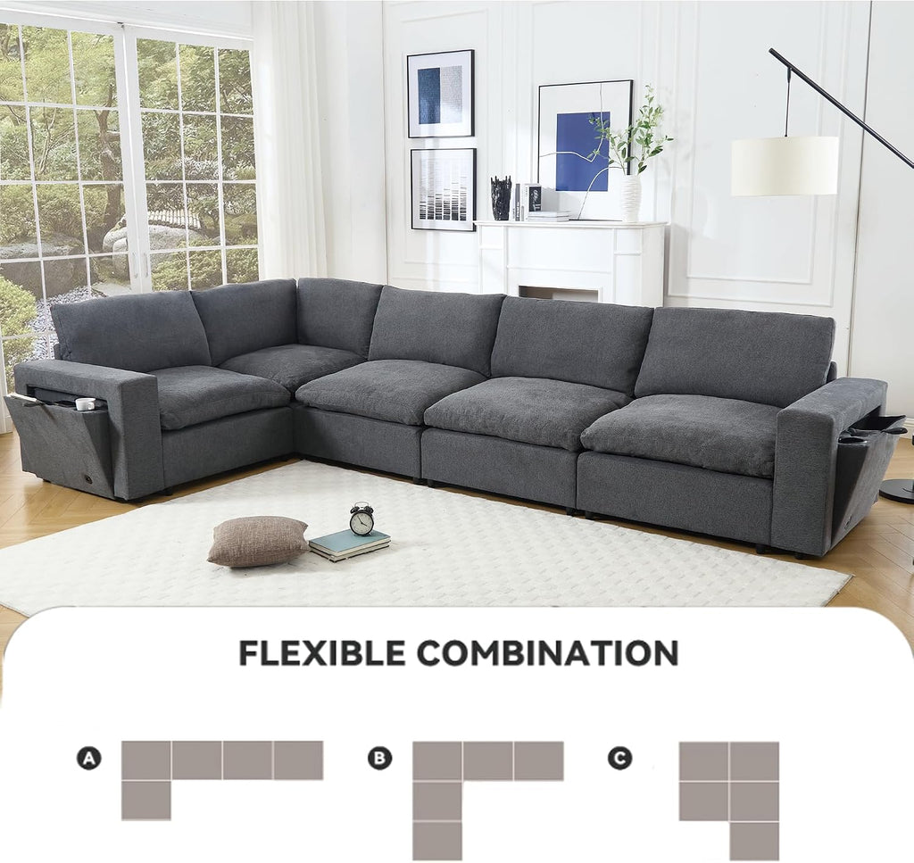 Modular Sectional Couch, L-Shaped Sectional Sofa Chaise with Dual USB-C Charging & Cup Holders, Modern 5 Seat Couches for Living Room with Storage & Armrests, Soft Linen Fabric, Grey