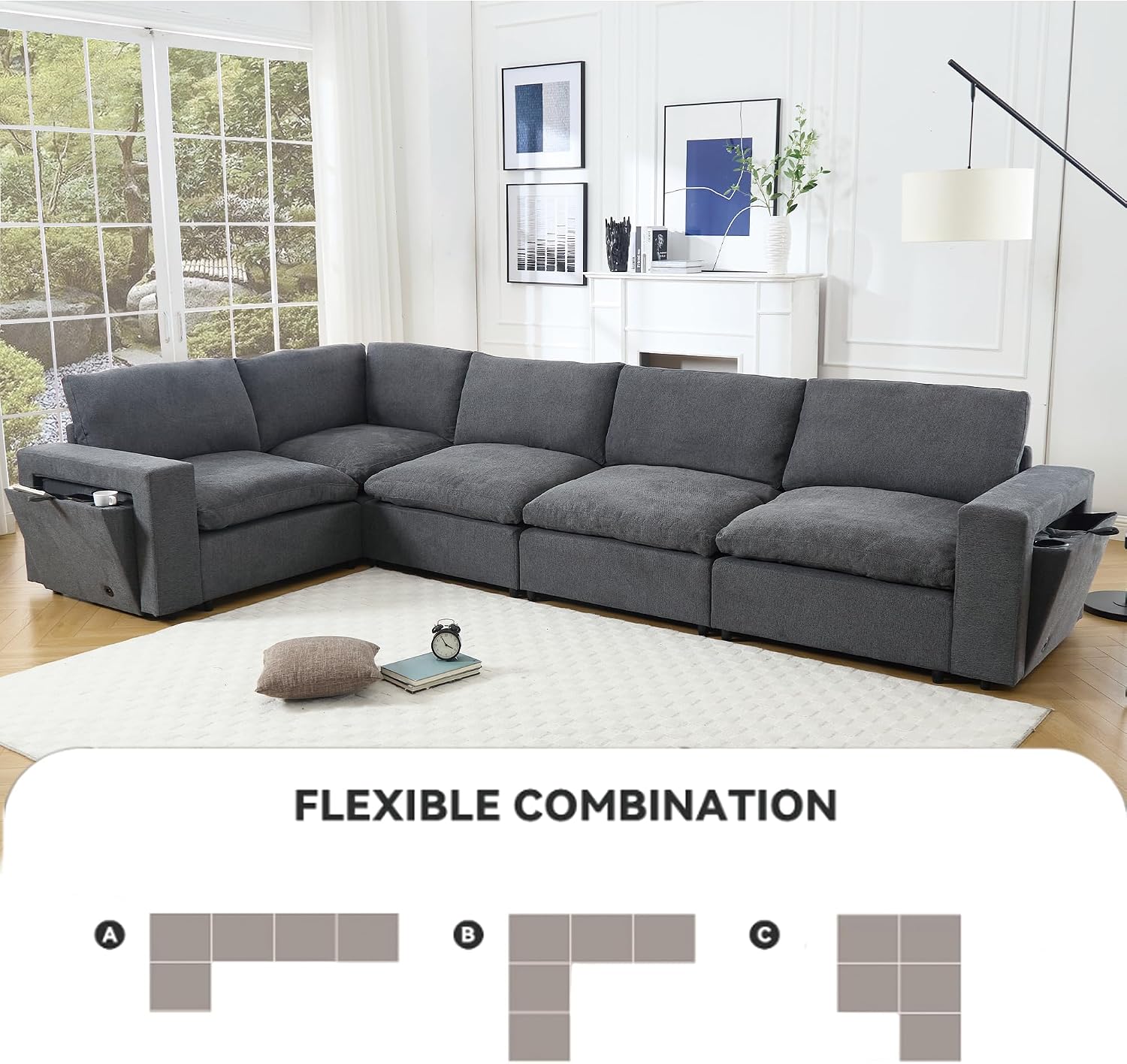 Modular Sectional Couch, L-Shaped Sectional Sofa Chaise with Dual USB-C Charging & Cup Holders, Modern 5 Seat Couches for Living Room with Storage & Armrests, Soft Linen Fabric, Grey