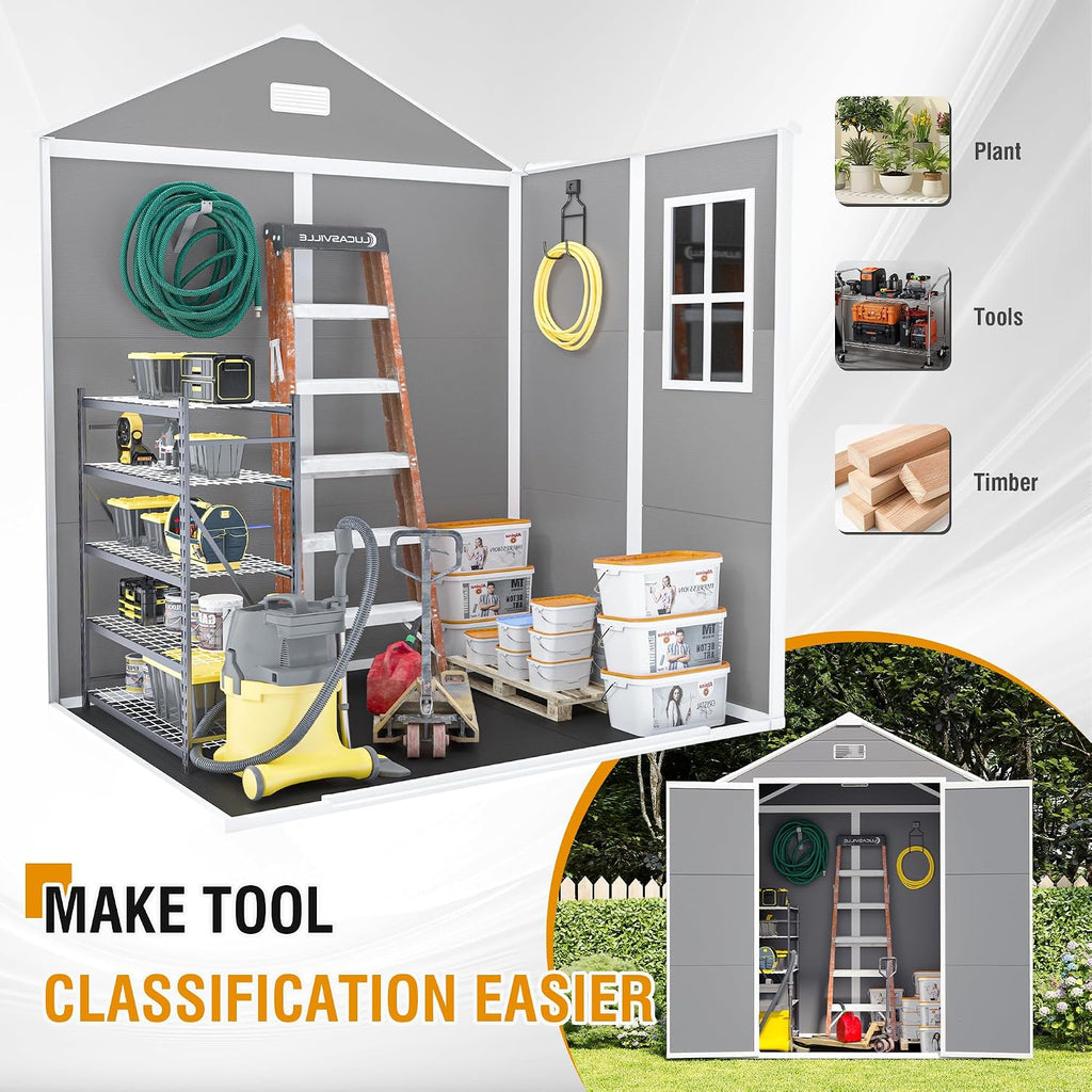 YOPTO 6x5 FT Resin Outdoor Storage Shed with Floor, All-Weather Plastic Shed with Lockable Doors, Window & Vents, Utility Plastic Tool Shed Storage House for Backyard, Patio, Light Grey