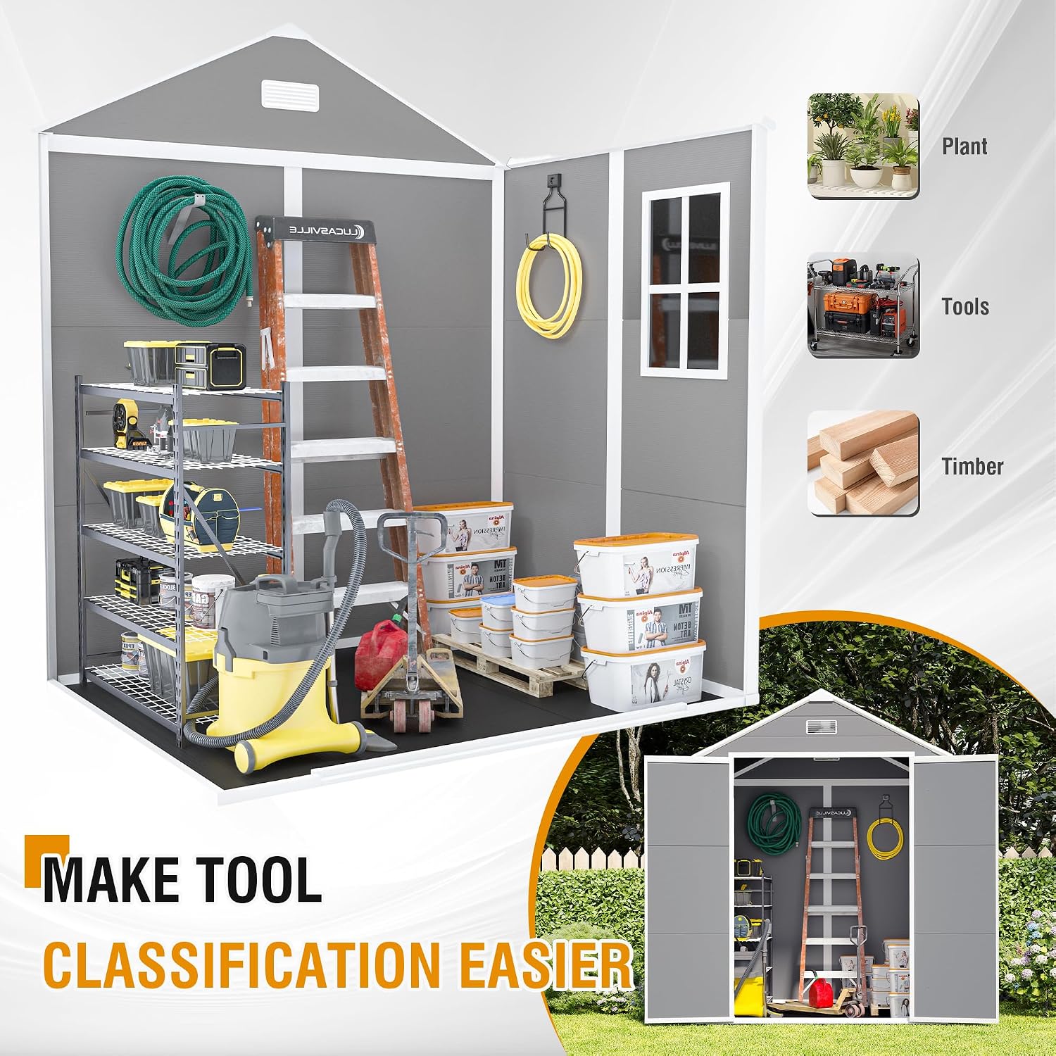 YOPTO 6x5 FT Resin Outdoor Storage Shed with Floor, All-Weather Plastic Shed with Lockable Doors, Window & Vents, Utility Plastic Tool Shed Storage House for Backyard, Patio, Light Grey