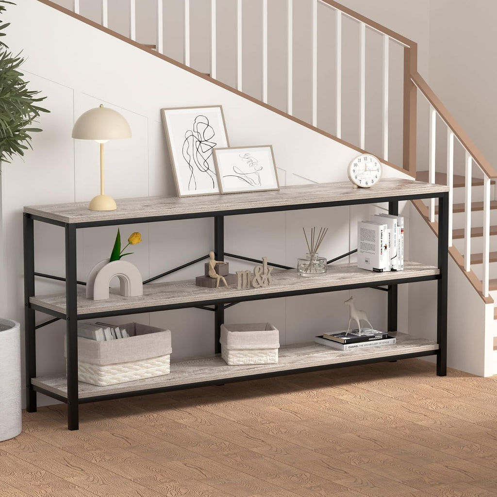 71 Inch Industrial Console Table Behind Couch, Extra Long Sofa Table with 3 Tier Wood Storage Shelves, TV Table with Metal Frame for Living Room, Foyer, Hallway (Oak Grey)
