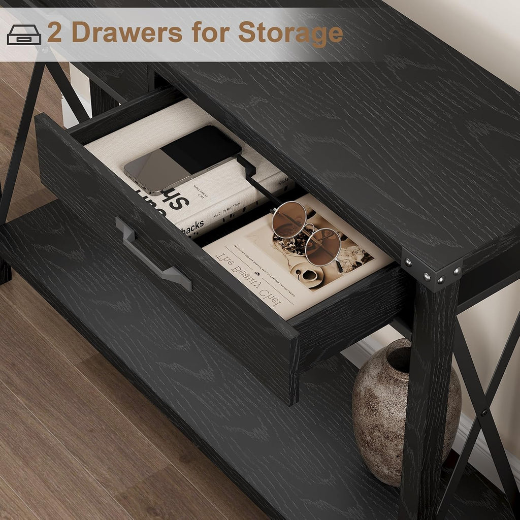IDEALHOUSE Console Table with 2 Drawers, Farmhouse Sofa Table with Storage Shelf, Accent Wood Entryway Table for Living Room, Hallway, Foyer-Black, 43D x 12W x 30H in (WCT001)