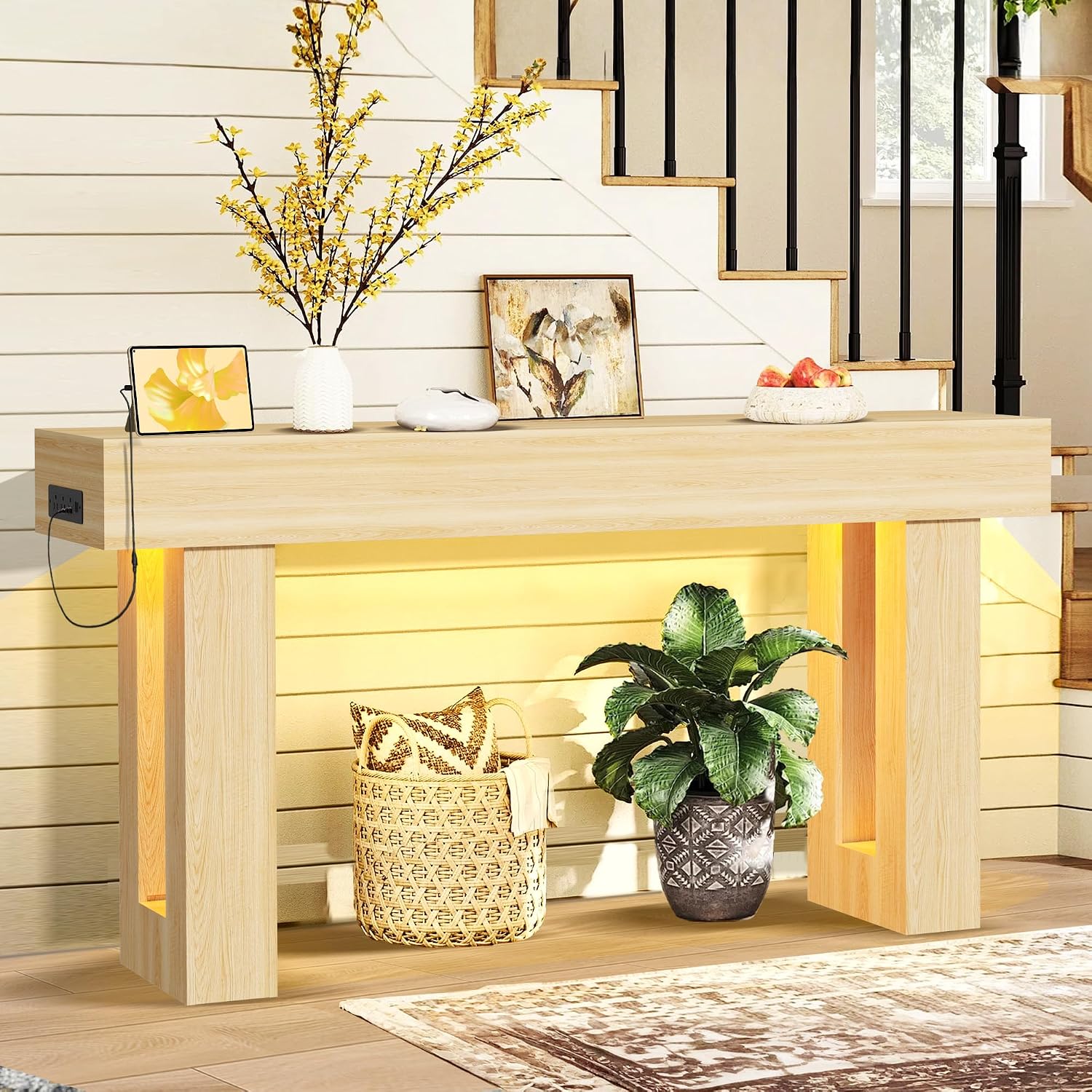 Grepatio 63 Inch Entryway Console Table, Wood Entry way Table with LED Light, Long Console Table with USB Power Outlet, Narrow Sofa Behind Couch Tables for Entrance, Hallway, Living Room (LED Natural)