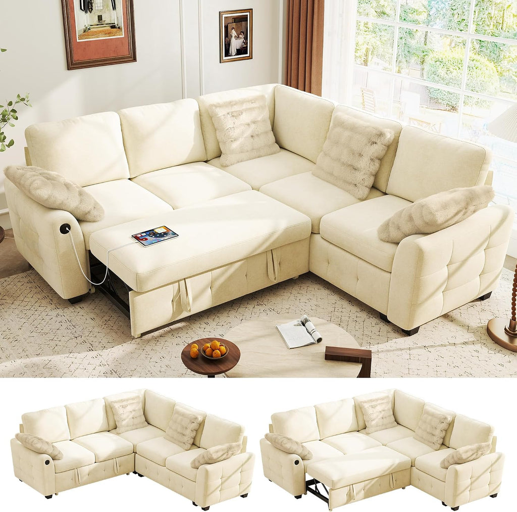 Ihanherry L-Shaped Sectional Sofa Bed with Storage, 5-Seater Convertible Pull Out Sleeper Sofa with USB Charging Ports, 4 Pillows & Wide Armrests, Chenille Fabric for Living Room, Apartment（Beige）