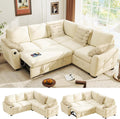 Ihanherry L-Shaped Sectional Sofa Bed with Storage, 5-Seater Convertible Pull Out Sleeper Sofa with USB Charging Ports, 4 Pillows & Wide Armrests, Chenille Fabric for Living Room, Apartment（Beige）