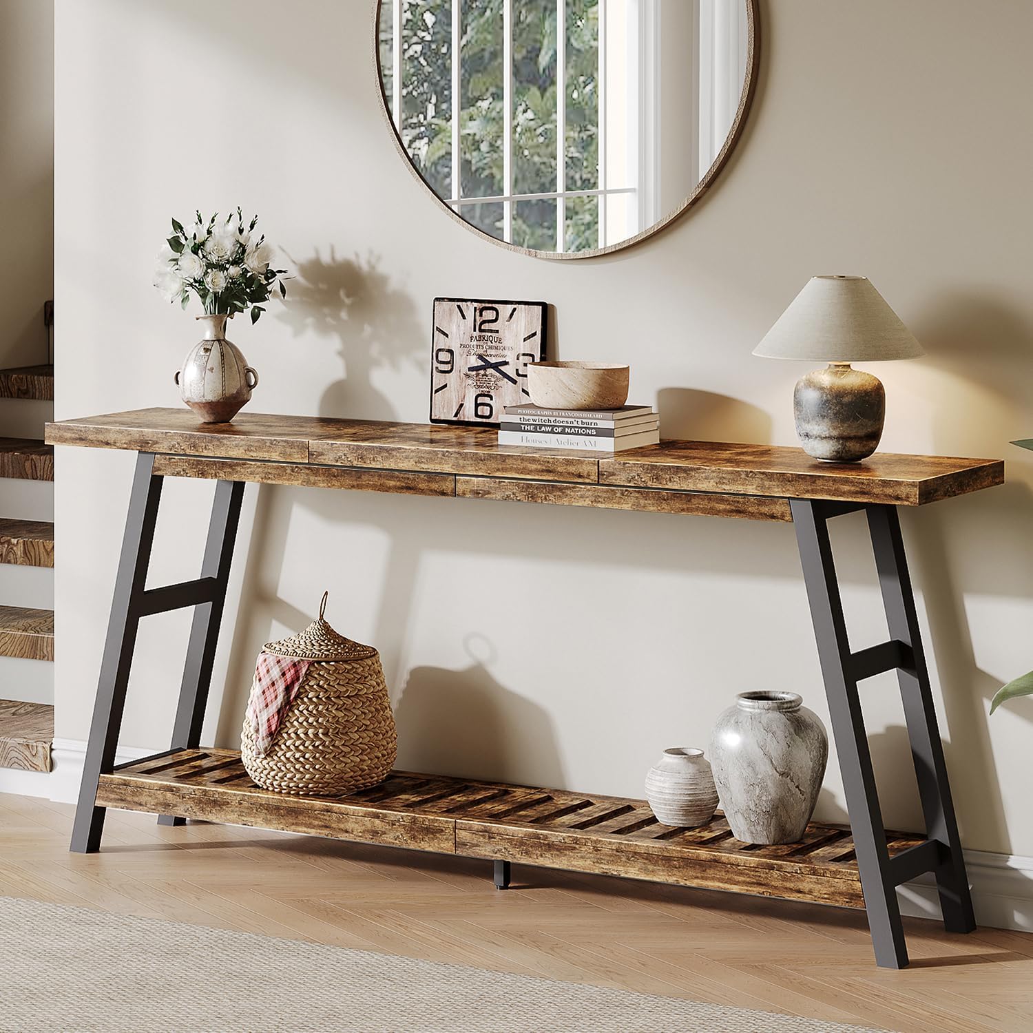 ChooChoo 70.9 Inch Long Console Tables for Entryway, Wood 2-Tier Entry Hallway Table, Narrow Sofa Table Behind Couch Table for Living Room, Entrance, Rustic Brown