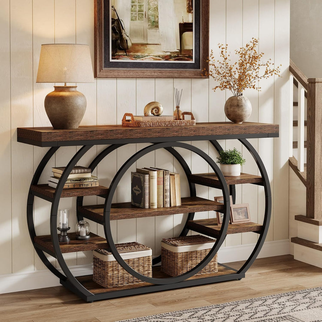Tribesigns 47' Console Table for Living Room, 5-Tier Industrial Entryway Table with Metal Frame, Narrow Sofa Table Behind Couch Accent Tables for Entryway, Hallway, Foyer, Rustic Brown