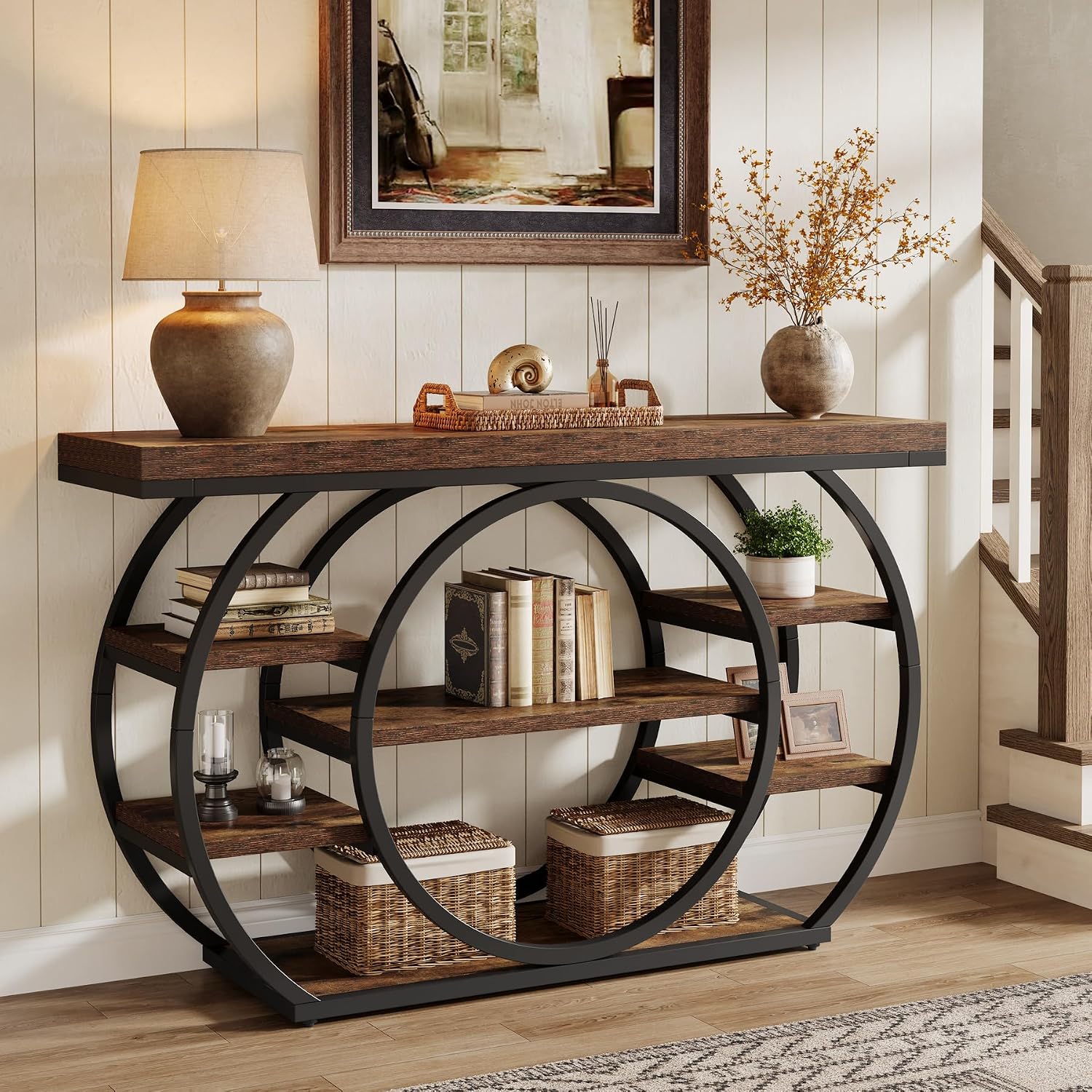 Tribesigns 47' Console Table for Living Room, 5-Tier Industrial Entryway Table with Metal Frame, Narrow Sofa Table Behind Couch Accent Tables for Entryway, Hallway, Foyer, Rustic Brown