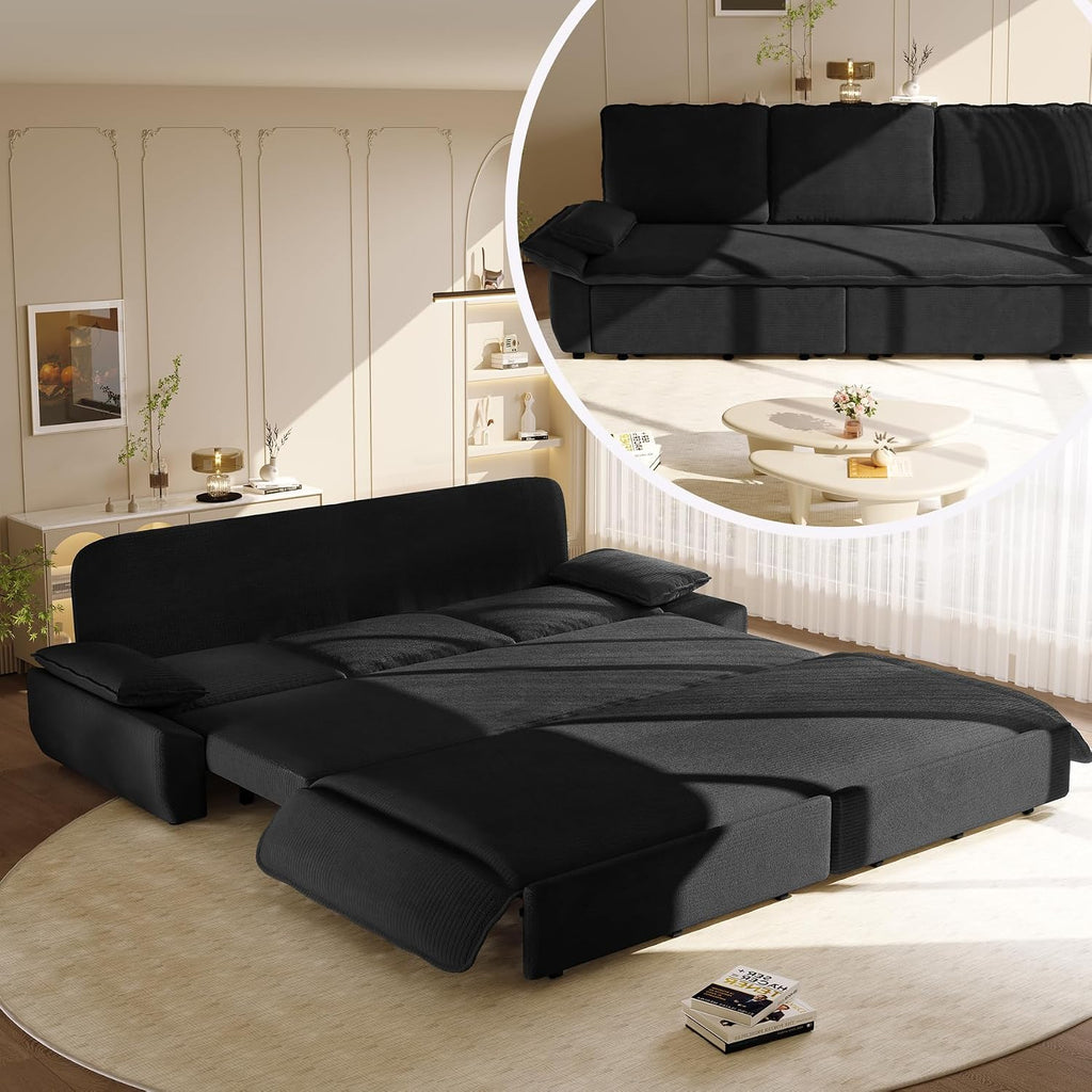94.5'' King Size Sleeper Sofa Bed, 3-in-1 Corduroy 3-Seater Sofabed, Pull-Out Couch, Upholstered Cloud Pullout Futon, Space Saving for Living Room, Black