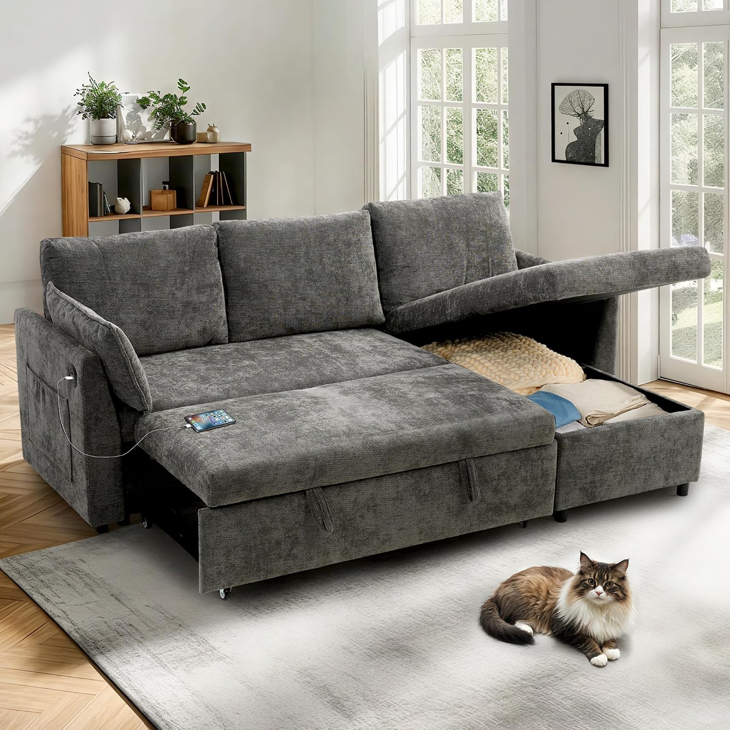 FLEXISPOT XB5 78' Pull Out Couch Bed with Storage Chaise,3-Seater Sectional Sofa Bed with USB Charging Ports, 2-in-1 Convertible Sofa Couch for Living Room Apartment, Easy to Assemble(Gray)