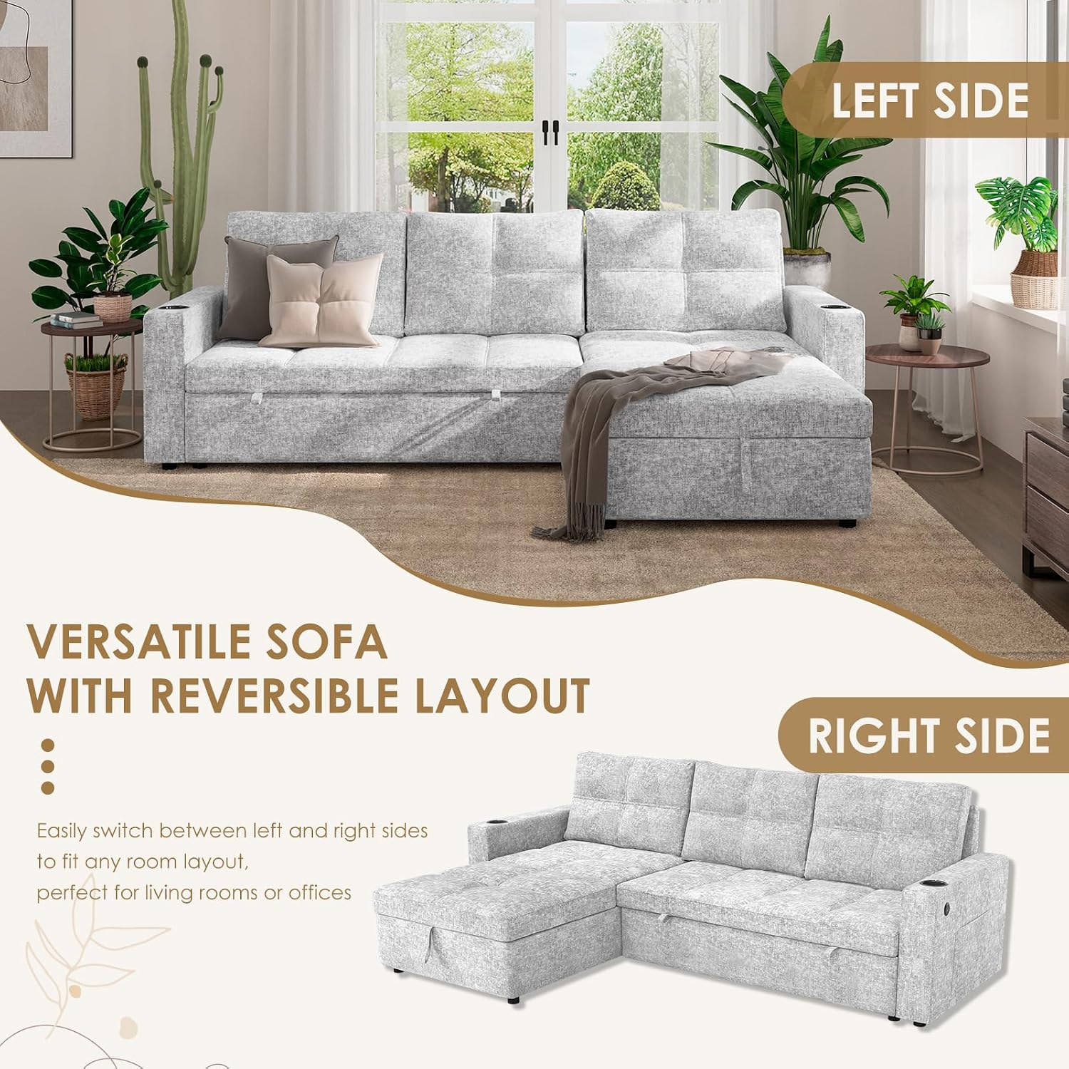 85 inch Large Sleeper Sofa Bed,L Shaped Sectional Couch Bed,2 in 1 Pull Out Couches with Convertible Storage Chaise,USB Charging,Cup Holders and Side Pockets Gray