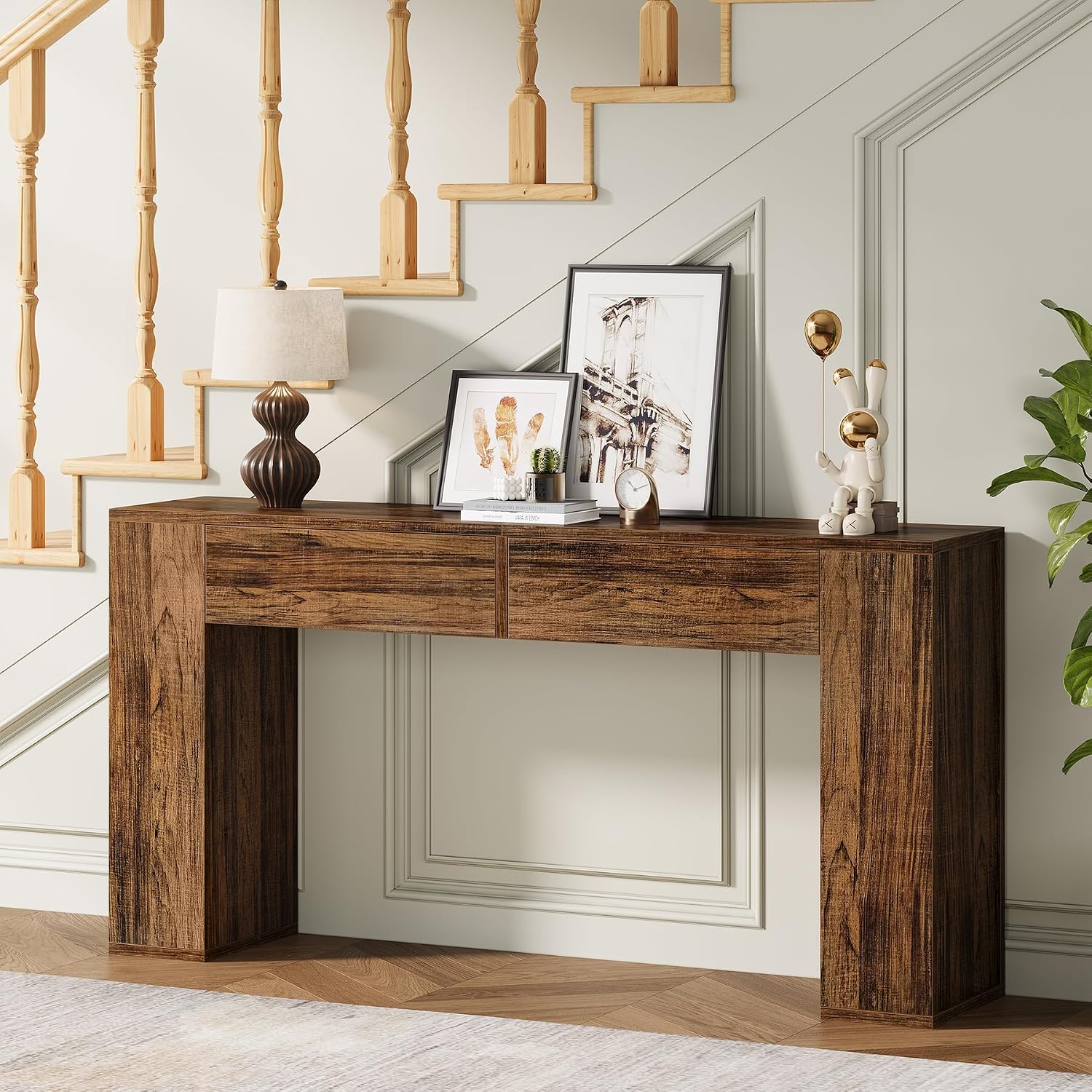 Farmhouse Console Table with LED Light and 2 Drawers, 55 inch Long Sofa Table Behind Couch, Narrow Entry Table for Entryway, Hallway, Entrance, Living Room (Rustic Brown)