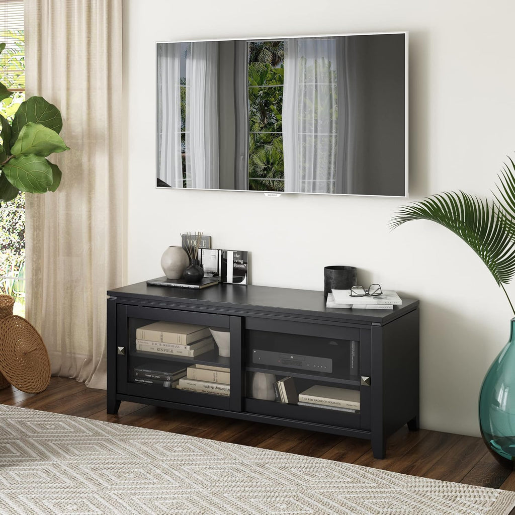 SIMPLIHOME Cosmopolitan TV Stand - 48 inch Wide Solid Wood Media Console in Black, Contemporary Entertainment Center for Living Room for TVs up to 55 Inches with Sliding Doors and Adjustable Shelves