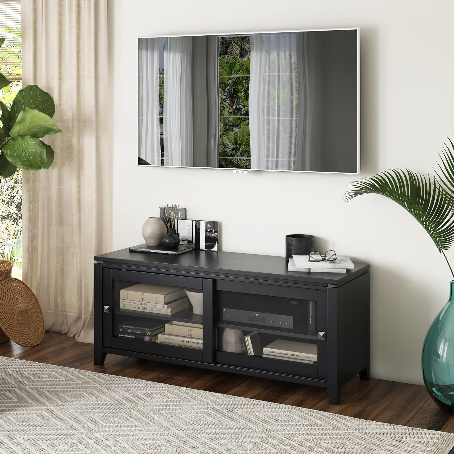 SIMPLIHOME Cosmopolitan TV Stand - 48 inch Wide Solid Wood Media Console in Black, Contemporary Entertainment Center for Living Room for TVs up to 55 Inches with Sliding Doors and Adjustable Shelves