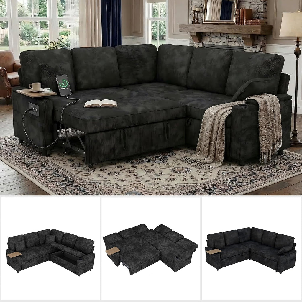 81' Modular Sectional Sofa, L Shaped 5-Seater Sleeper Sofa with Pull Out Bed, Hidden Storage, Cup Holders & USB Charging Ports, Sectional Couches for Living Room, Chenille, Black