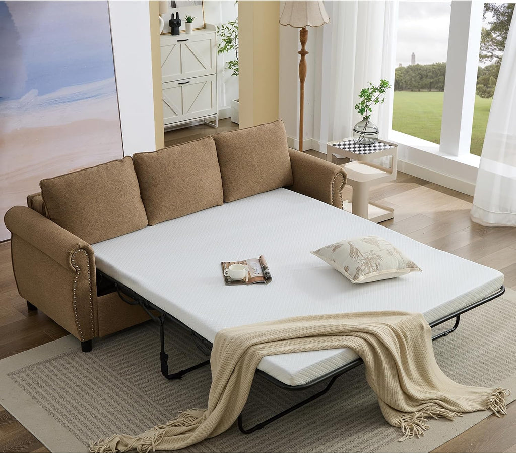 81.5'' Pull Out Couch Queen Size, Convertible Sleeper Sofa Bed, Upholstered Linen 3-Seater Sofa with Pull Out Bed, Mattress, Rivet, Deep Couches for Living Room, Apartment, Brown