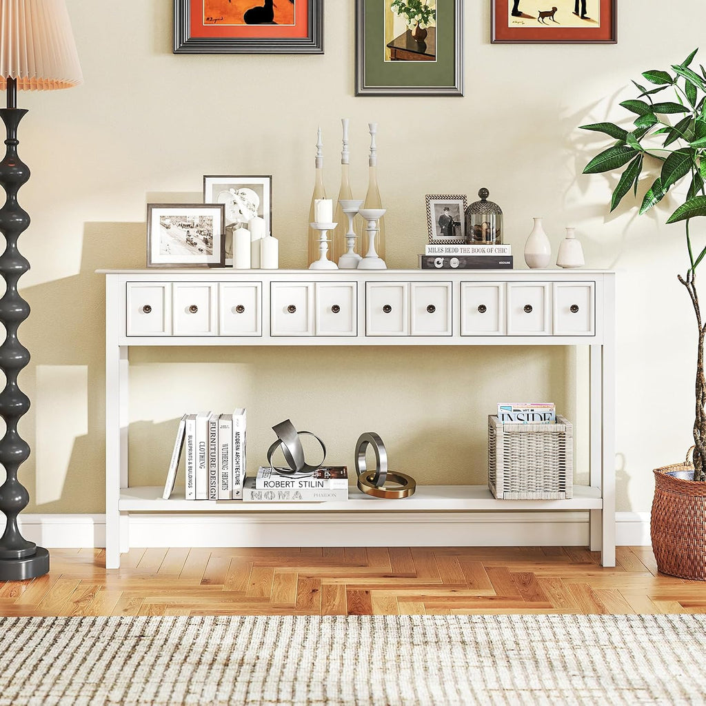 Giantex 60' Entryway Table, Long Narrow Console Table with 4 Drawers and Open Storage Shelf, Modern Slim Entry Tables, Farmhouse Wooden Sofa Tables with Anti-Tip Kit for Living Room, Hallway (White)