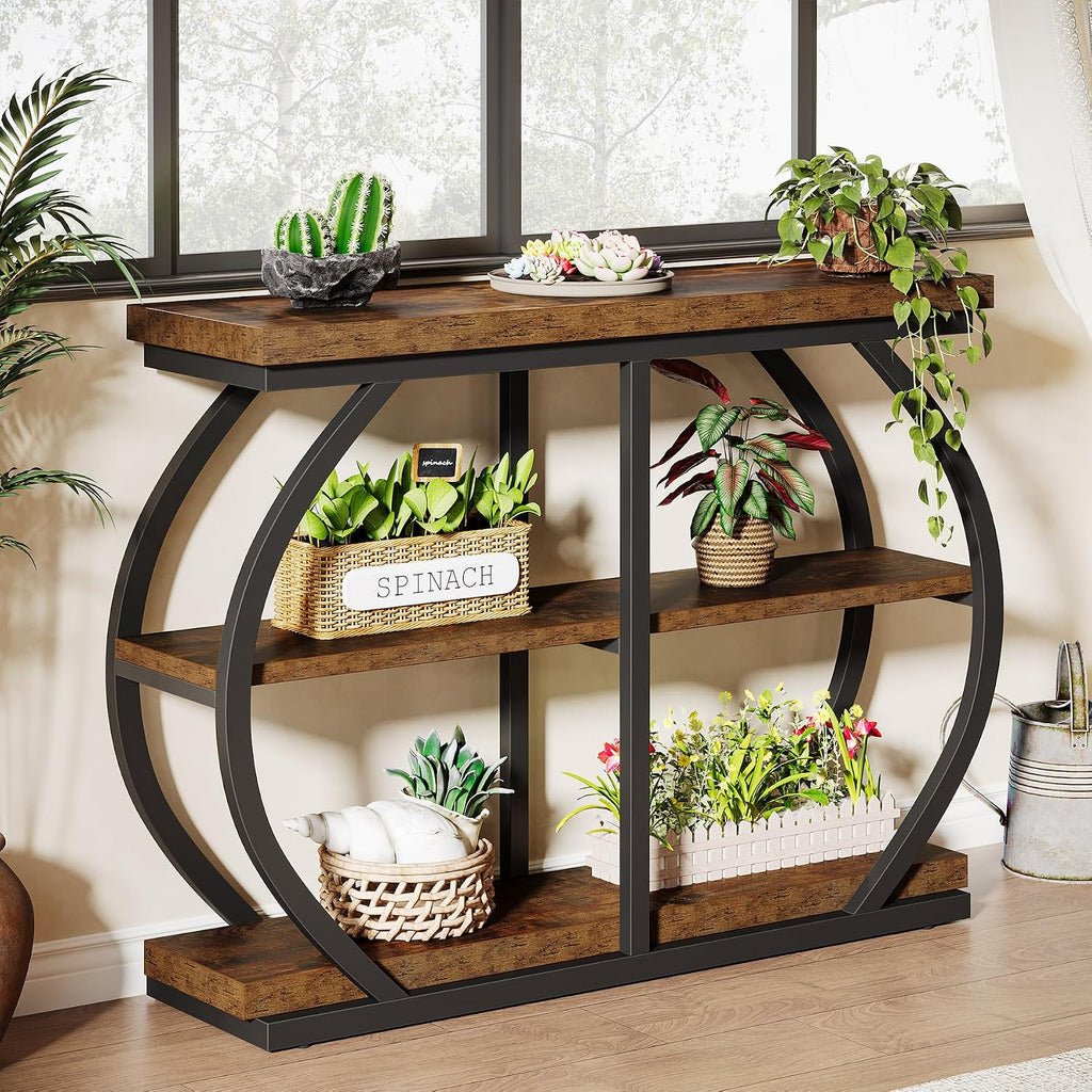 Tribesigns 41.3' Console Table, Industrial 3-Tier Entryway Table with Arched Metal Frame and Storage Shelves for Living Room, Hallway, Rustic Brown