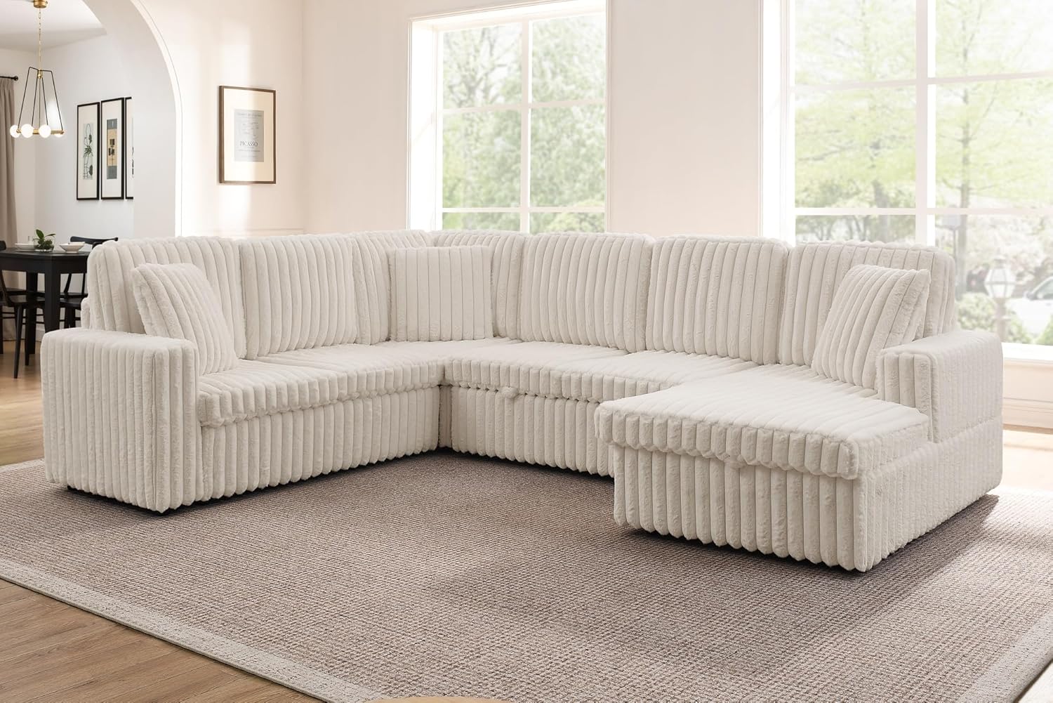 THSUPER 114-Inch Oversized U Shaped Plush Corduroy Fluffy Sectional Sleeper Sofa with Pull Out Bed and Storage Chaise Lounge - Beige