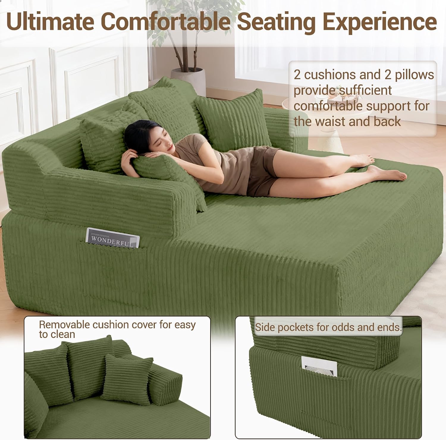 58' Chaise Lounge Chair Indoor, Green - Oversized Corduroy Boneless Sleeper Sofa Bed with Armrests and 4 Pillows, No Assembly for Living Room