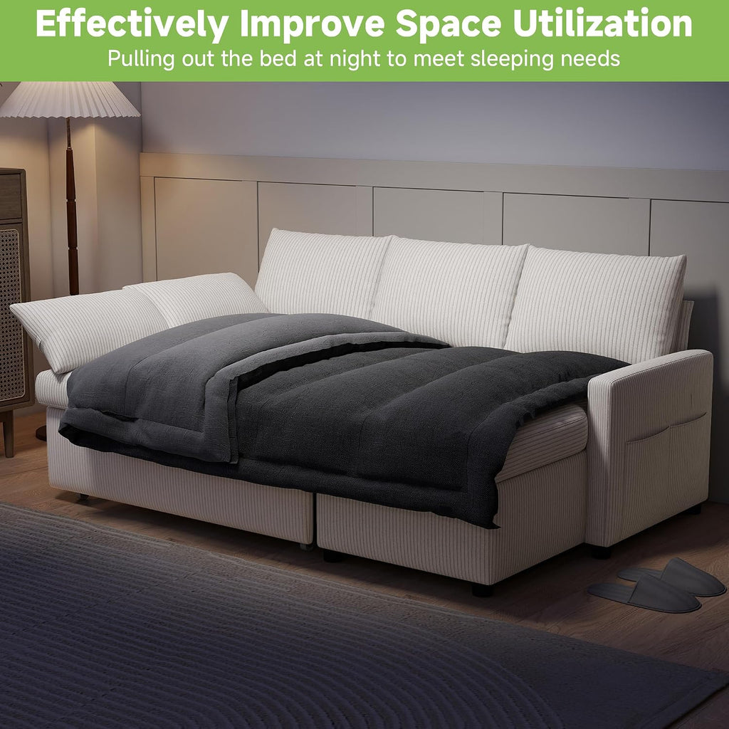 Real Relax 80'' Sofa Bed, L Shaped Corduroy Sleeper Sofa Couch with Pull Out Bed and Chaise Storage for Living Room, Apartment and Office, Beige