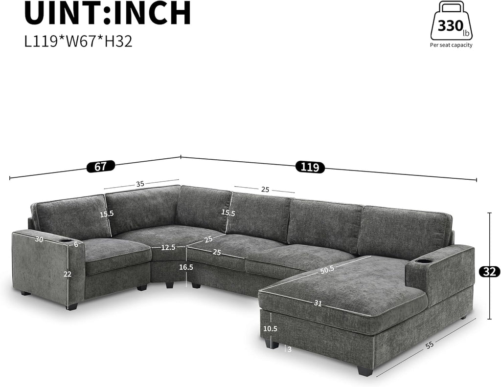 Merax Modern U-Shaped Cloud Couch Set with Oversized Chaise Lounge, Chenille 6-Seat Sectional Sofa Sleeper Bed with Cup Holders for Living Room Dark Gray