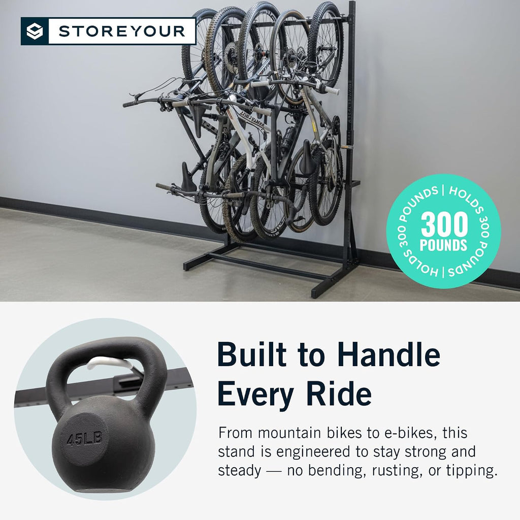 StoreYourBoard Freestanding Bike Rack for 5 Bikes - Heavy Duty Aluminum & Steel Indoor Bike Rack Garage - Space-Saving Vertical Bike Rack for Road, Mountain, and Hybrid Bicycles - Holds Up to 300 Lbs