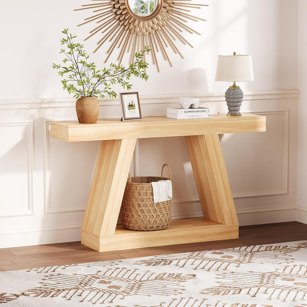 55 Inches Console Table, Sofa Table Behind Couch, 2-Tier Wooden Entry Tables for Entryway Foyer Hallway, Industrial Console Tables with Open Storage Shelf for Living Room