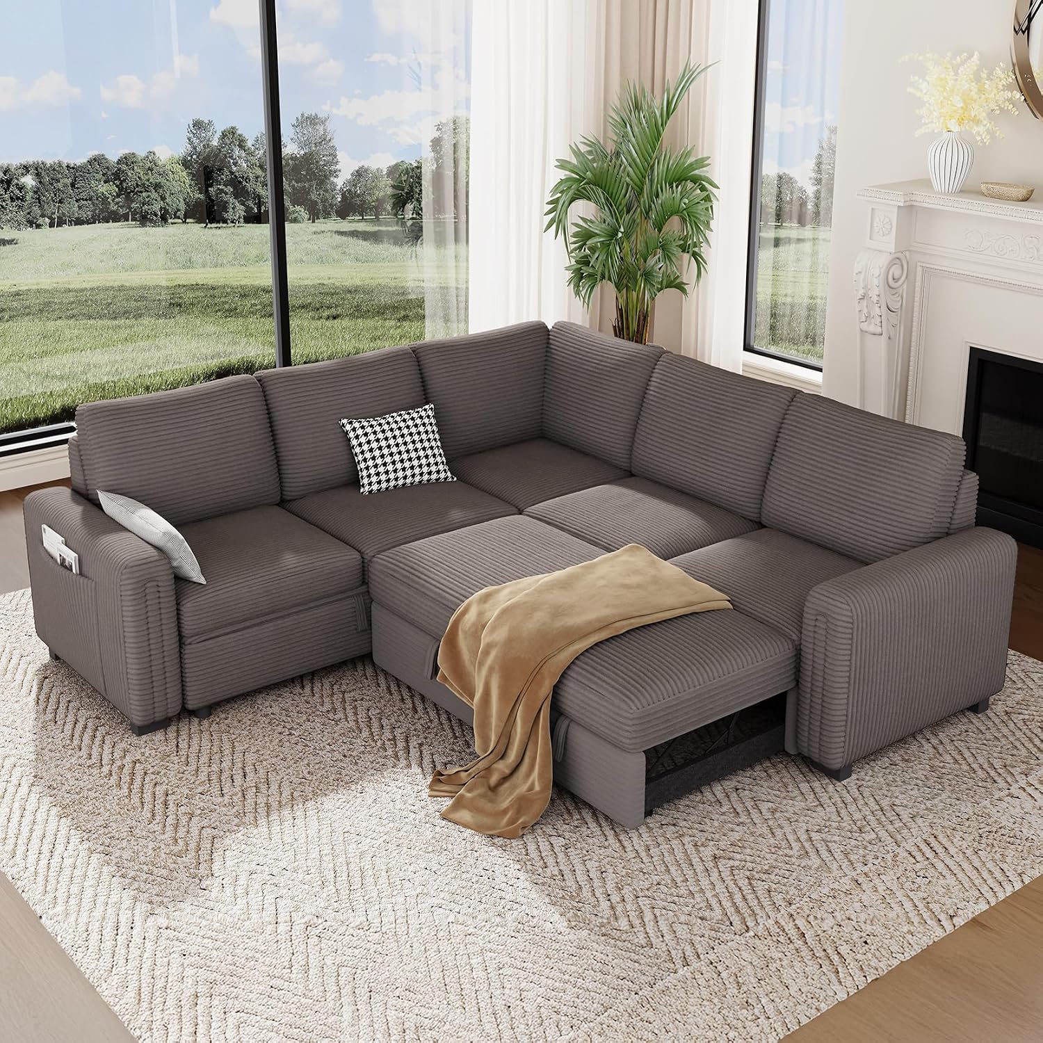 Vesgantti 88.4' Sleeper Sectional Couch with Pull Out Bed, 5 Seater L Shaped Modular Sectional Sofa with Storage, Comfy Corduroy Modular Sofa for Living Room, Bedroom, Apartment, Light Coffee