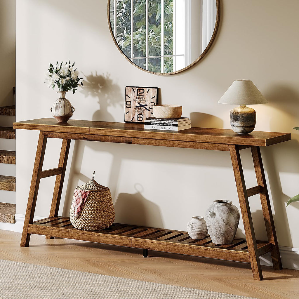 ChooChoo 70.9 Inch Long Console Tables for Entryway, Wood 2-Tier Entry Hallway Table, Narrow Sofa Table Behind Couch Table for Living Room, Entrance, Walnut