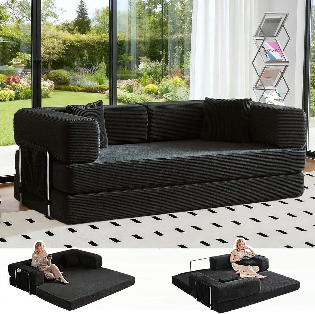 GEARIVY Folding Sofa Bed Convertable Corduroy Couch King Size Floor Sleeper 4-in-1 DIY Combination Modular Sofa Fold Out Futon Lounge Comfy Foldable Lazy cama for Living Room (Black, 80.3 inch Sofa)