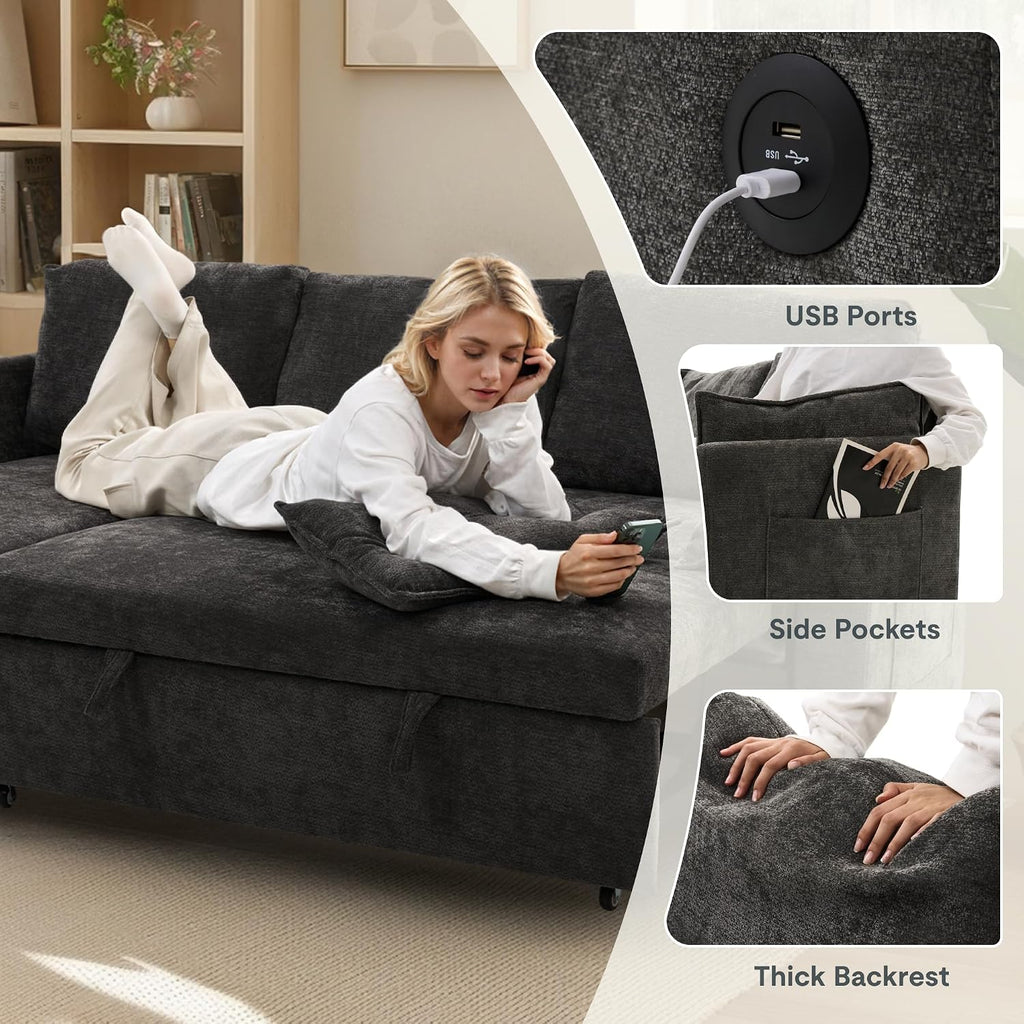 FLEXISPOT XB5 78' Pull Out Couch Bed with Storage Chaise, 2-in-1 Convertible Sofa Bed with USB Charging Ports, 3-Seater Sectional Sofa Couch for Living Room Apartment, Easy to Assemble(Dark Gray)