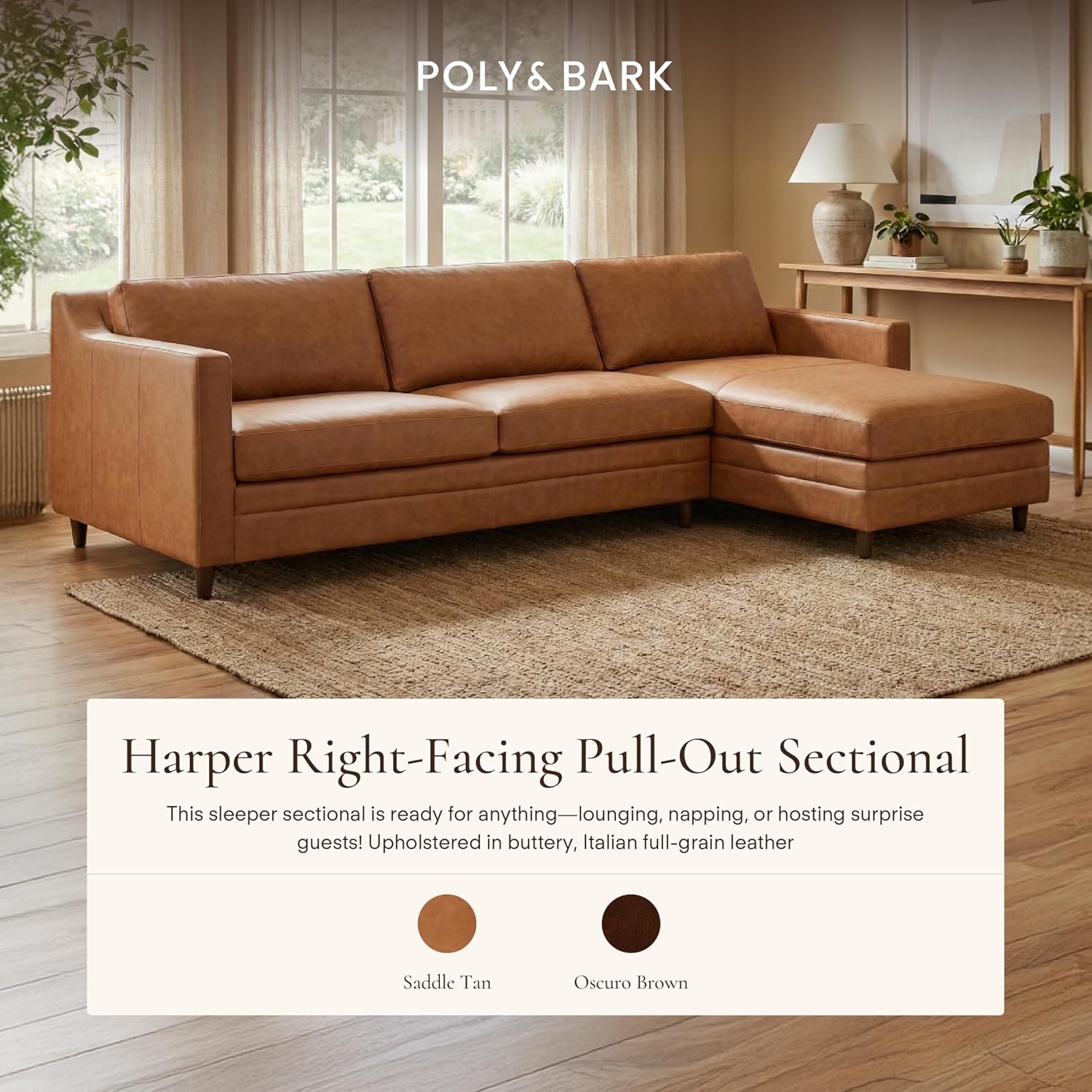 Poly & BARK Harper Right-Facing Leather Sleeper Sectional Sofa Cognac Tan– Full-Grain Aniline Leather, Sculptural Silhouette, Walnut-Finished Legs – Modern Statement Sofa for Living Spaces