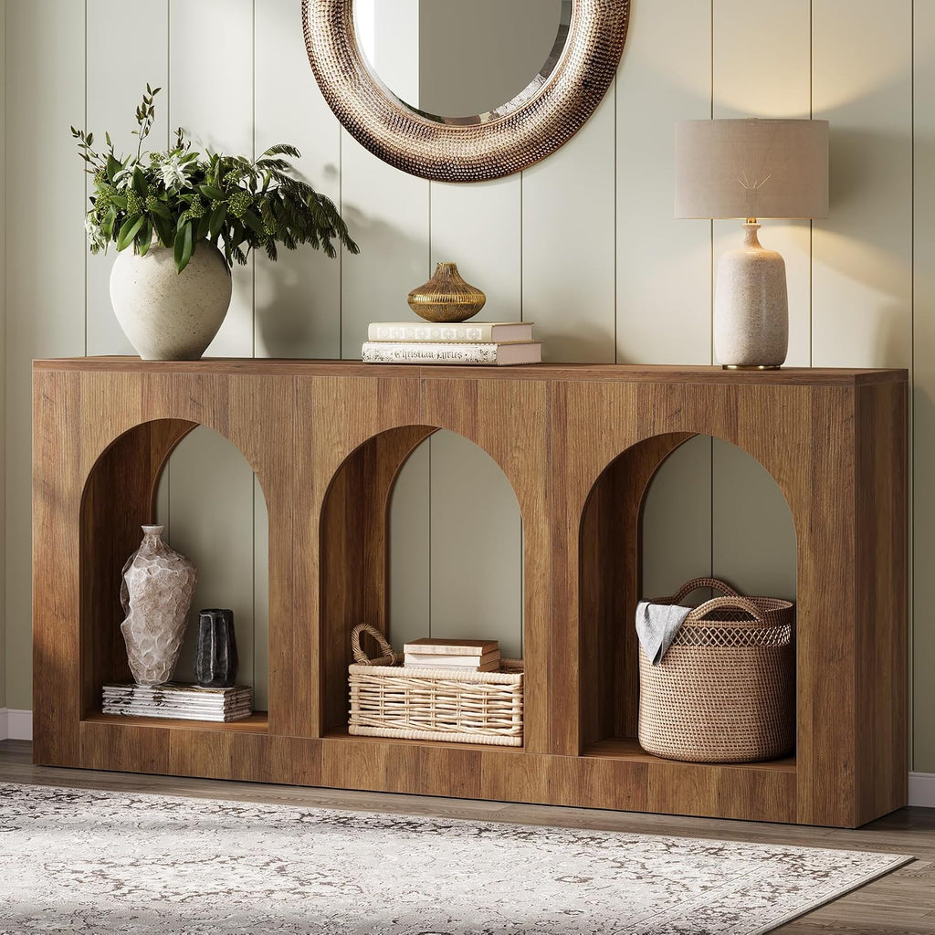 Tribesigns 70.9' Console Table with Storage, Wood Entryway Entry Table with 3 Arched Shelves for Foyer, Hallway, Living Room, Behind Couch Sofa, Narrow Long, Brown