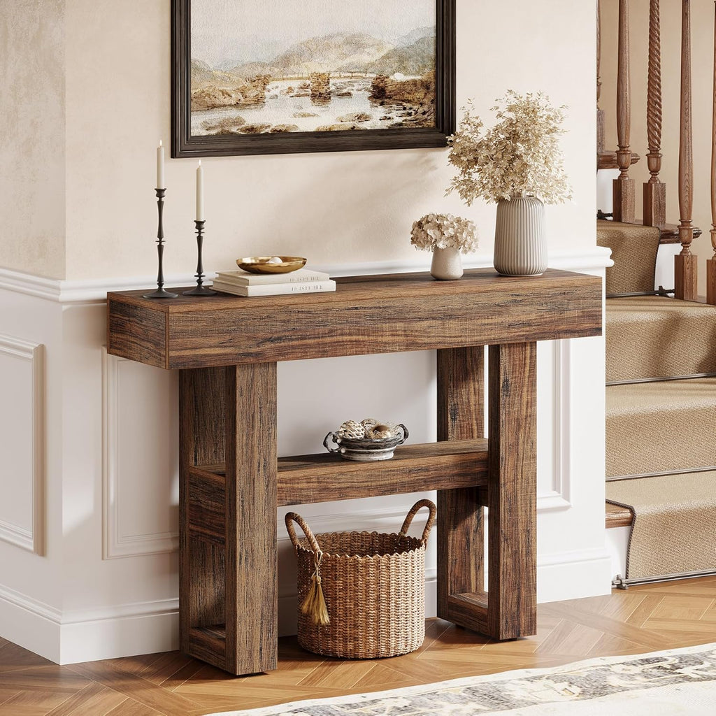 Tribesigns 41.34-Inch Farmhouse Console Table, 2-Tier Narrow Sofa Table Behind The Couch, Entryway Furniture with Storage Shelves for Hallway Foyer Living Room, Rustic Brown